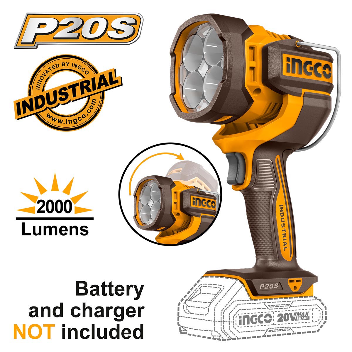 CWLI2088-1 Προβολέας Εργασίας 20V Li-Ion SOLO 2000 lumen INGCO - Image 1